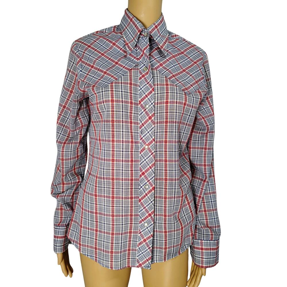 60s Levis Western Cowgirl Button Up Blue Red Shirt Pearl Snap Button Size Small